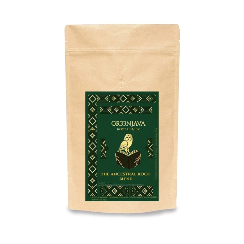 Kraft premium pouch for The Ancestral Root Blend, masala chai tea by Gr33njava Apothecary.