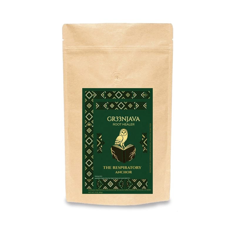 Kraft premium pouch for The Respiratory Anchor, Moroccan mint tea by Gr33njava Apothecary.