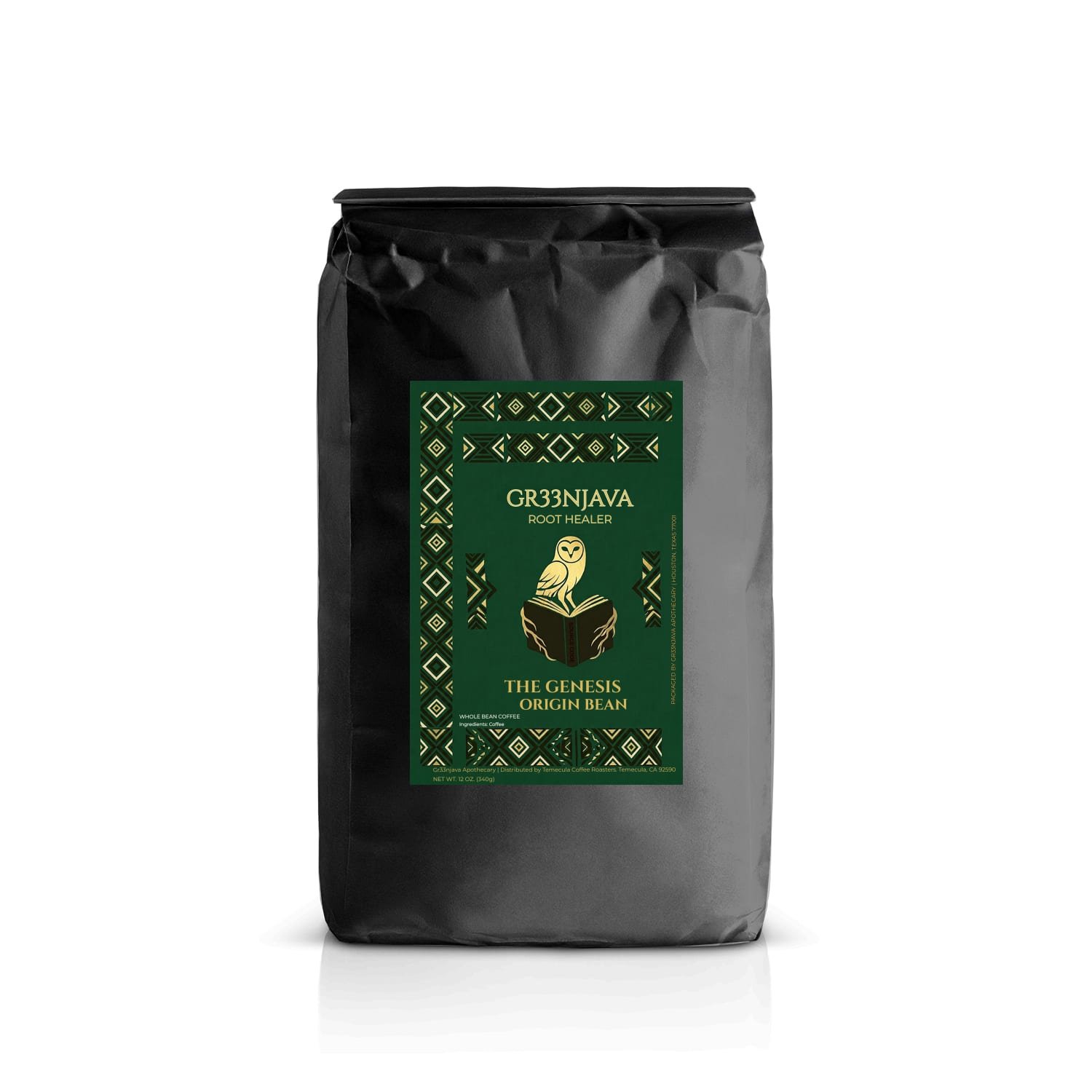 Black premium coffee bag for The Genesis Origin Bean, single-origin Ethiopian coffee by Gr33njava Apothecary.